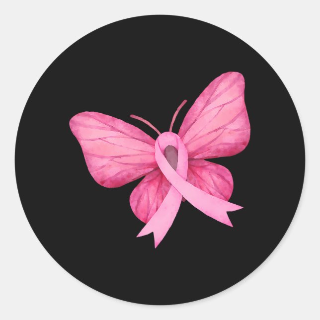 Sticker Rond Papillon rose Ruban Sensibilisation au cancer du s (Devant)