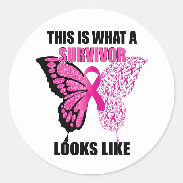 Sticker Rond Papillon rose Ruban Survivant Cancer du sein (Devant)