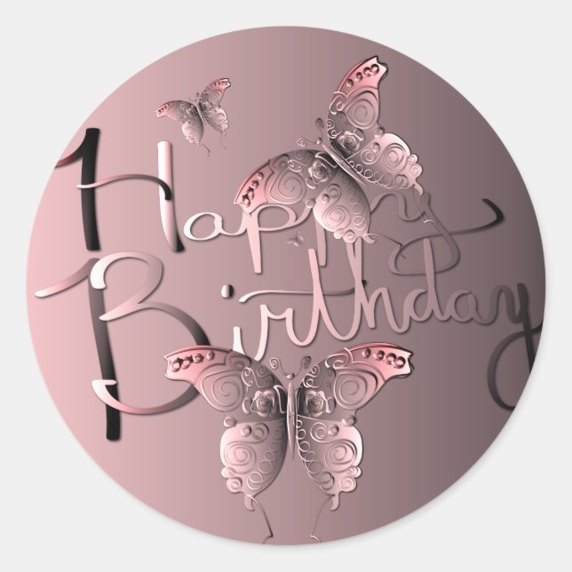 Sticker Rond Papillon rose Sangria "Joyeux anniversaire !" (Devant)