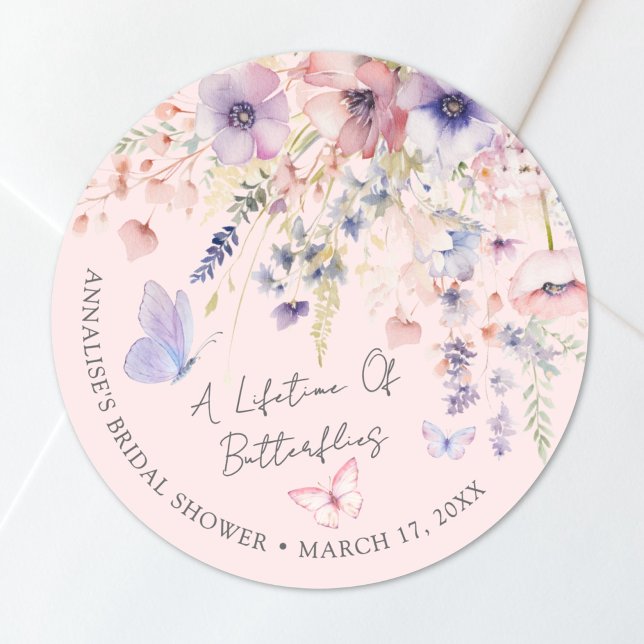 Sticker Rond Papillon Rose Sauvage Shower de Mariage (Pink Butterfly Wildflower Bridal Shower Classic Round Sticker )