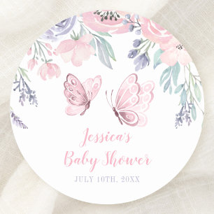 Sticker Rond Papillon rose violet Baby shower de fille papillon