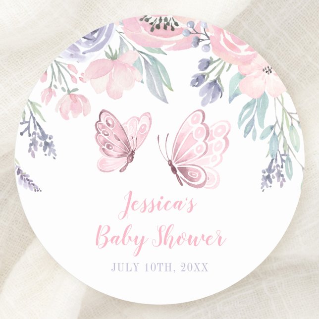 Sticker Rond Papillon rose violet Baby shower de fille papillon (Créateur téléchargé)