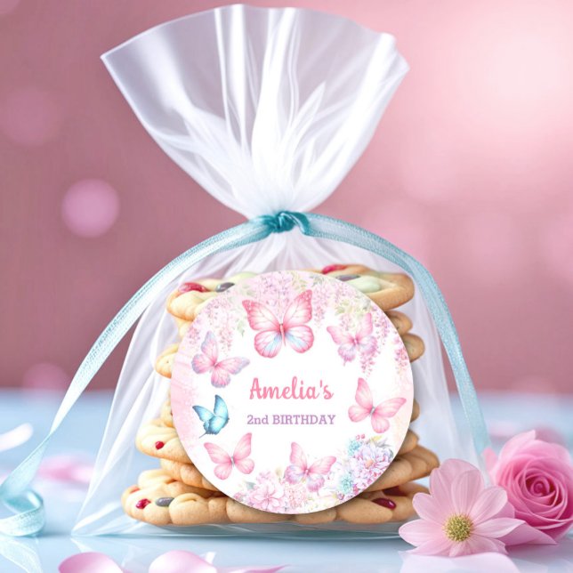 Sticker Rond Papillon rose violet Floral été fille Anniversaire (Butterfly Pink Purple Floral Summer Girl Birthday Classic Round Sticker)