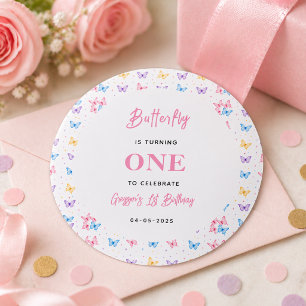 Sticker Rond Papillon Rose Violet Mignon 1er Anniversaire pour