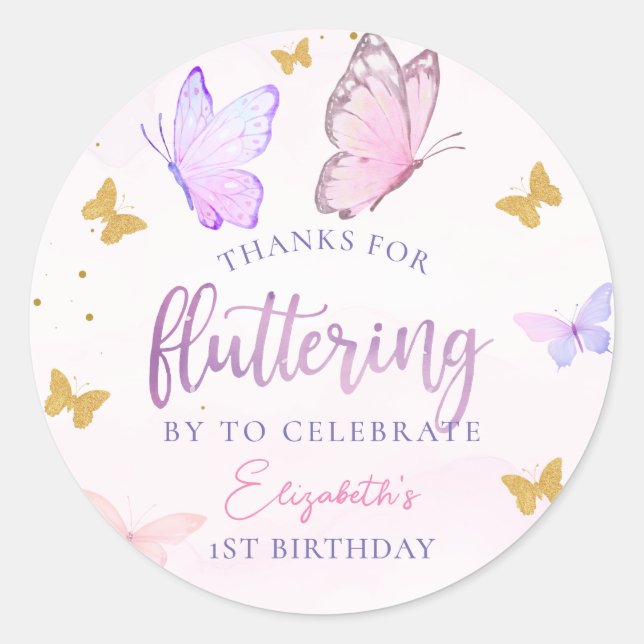 Sticker Rond Papillon rose violet or fille premier anniversaire (Devant)