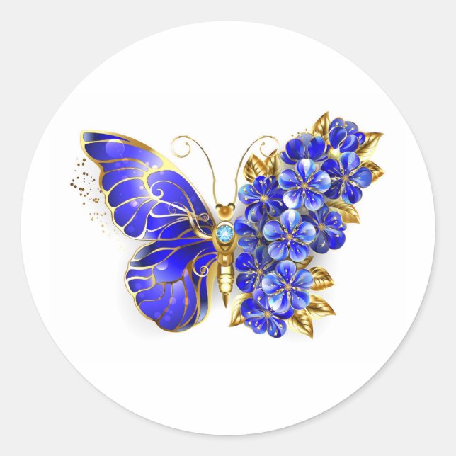 Sticker Rond Papillon saphir à fleurs (Devant)