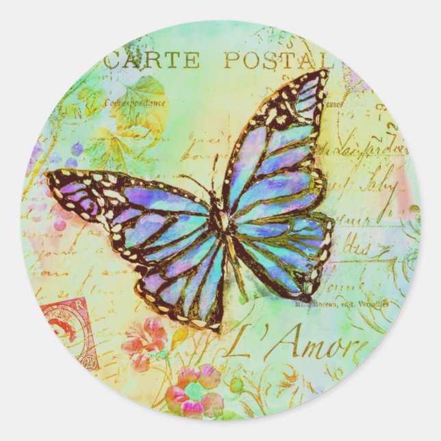 Sticker Rond Papillon sarcelle et violet  (Devant)
