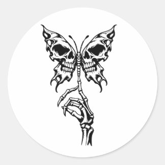 Sticker Rond Papillon squelette gothique et main squelettique