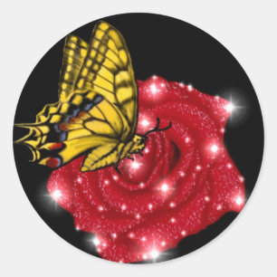 Sticker Rond Papillon sur rose rouge avec étoiles et gouttes de