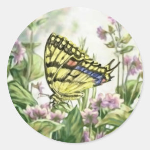 Sticker Rond Papillon Swallowtail sur la peinture Forget-Me-Not