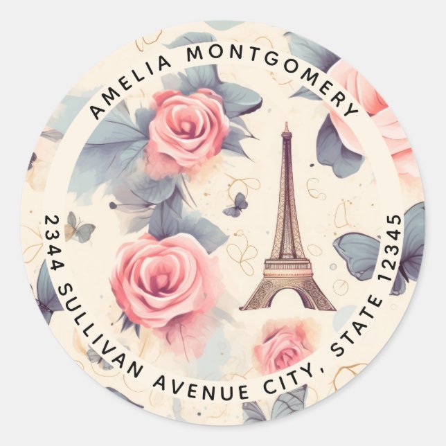 Sticker Rond Papillon Tour Eiffel et Motif Rose - Adresse (Devant)