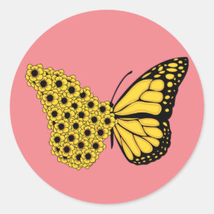 Sticker Rond papillon tournesol vintage femme monarque