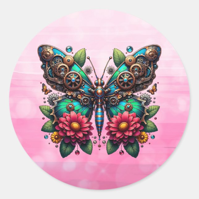 Sticker Rond Papillon vapeur avec engrenages et fleurs (Devant)