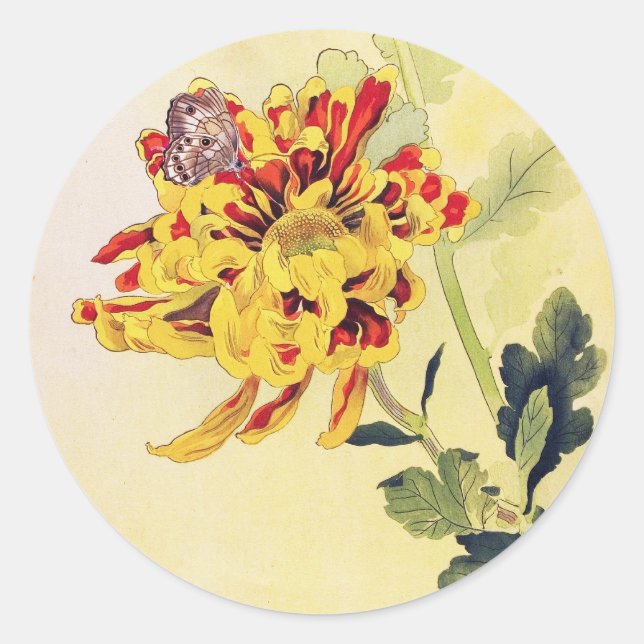 Sticker Rond Papillon vintage classique de chrysanthème (Devant)