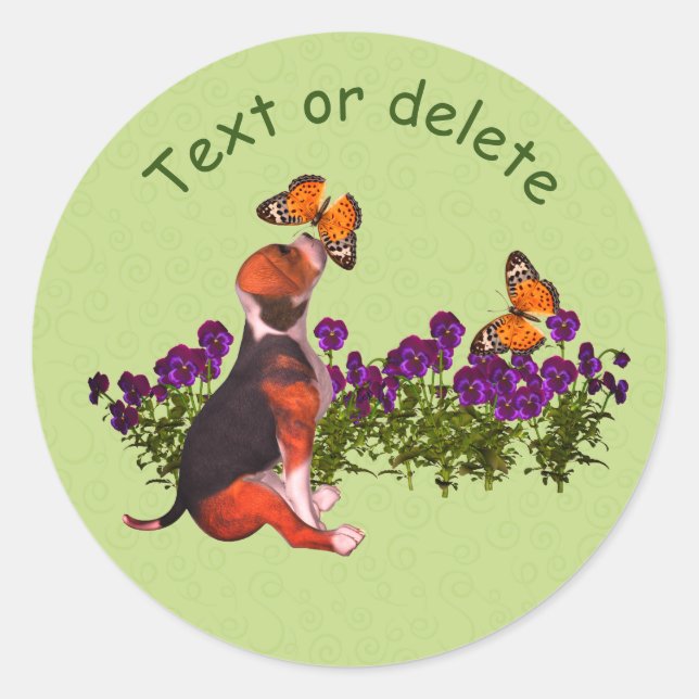 Sticker Rond Papillons beagles Pansies mignonnes Personnalisées (Devant)