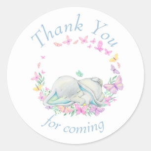Sticker Rond Papillons bleu éléphant Baby shower Merci