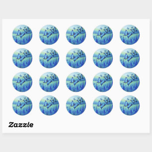 Sticker Rond Papillons bleus avec des fleurs bleues,