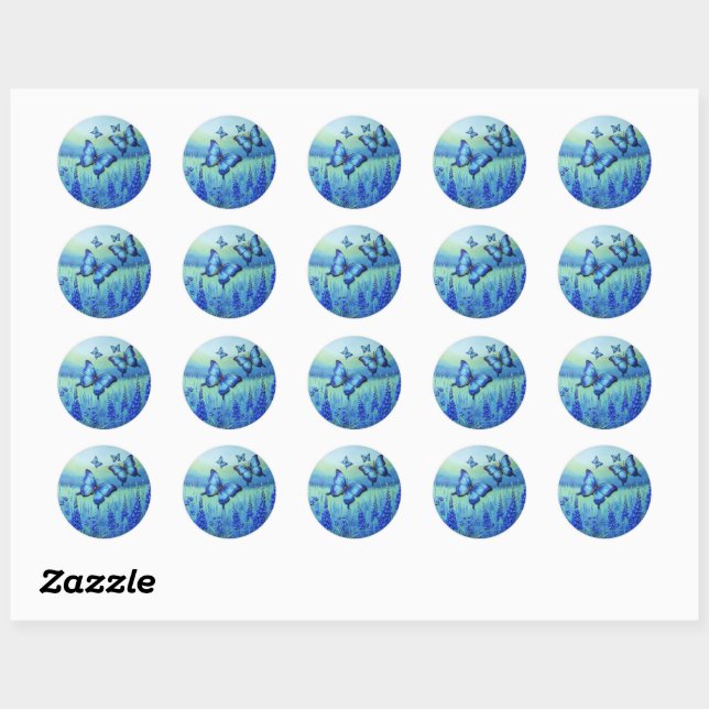 Sticker Rond Papillons bleus avec des fleurs bleues, (Feuille)