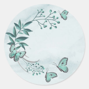 Sticker Rond Papillons bleus turquoises fleuris feuille
