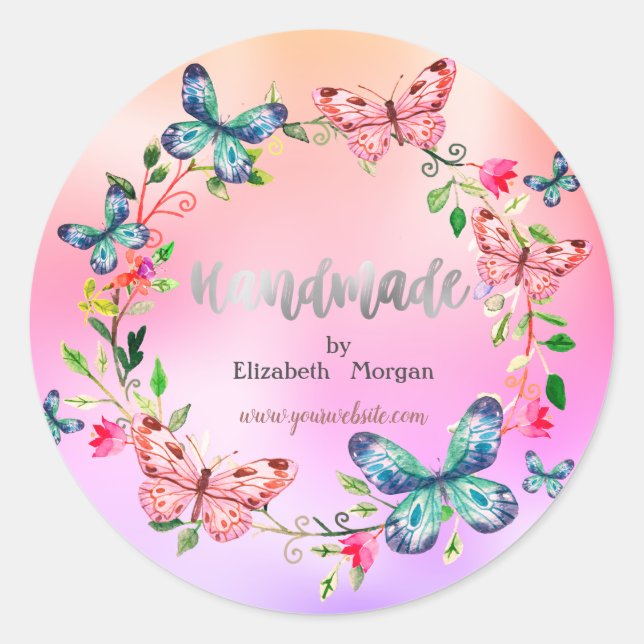 Sticker Rond Papillons Cool,Fleurs,Holographique,Fait main (Devant)