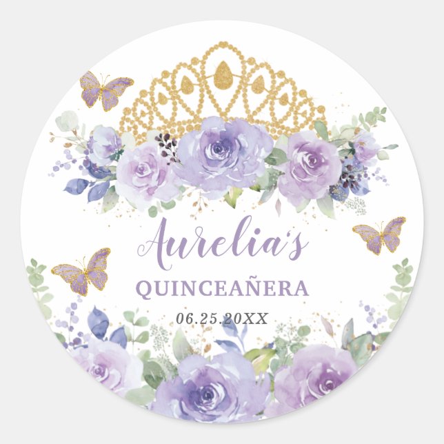 Sticker Rond Papillons de la Couronne de Quinceañera Floral Lil (Devant)