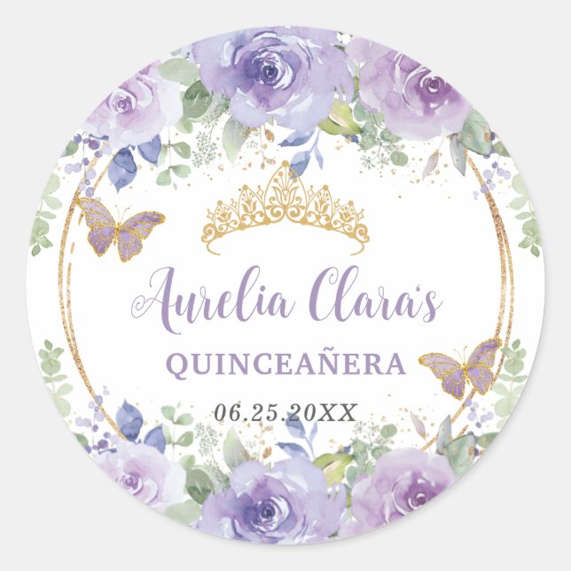 Sticker Rond Papillons de la Couronne de Quinceañera Floral Lil (Devant)