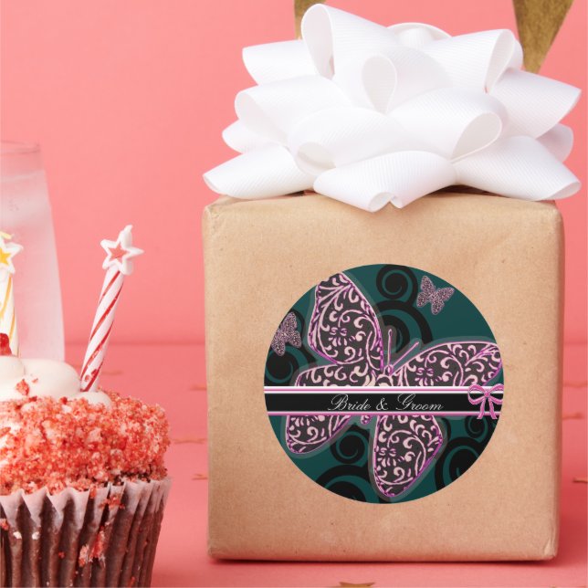 Sticker Rond Papillons de mariée tourbillon violet noir blanc (Fête)