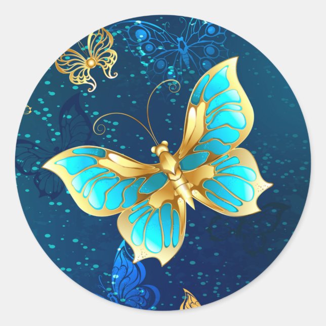 Sticker Rond Papillons dorés sur fond bleu (Devant)