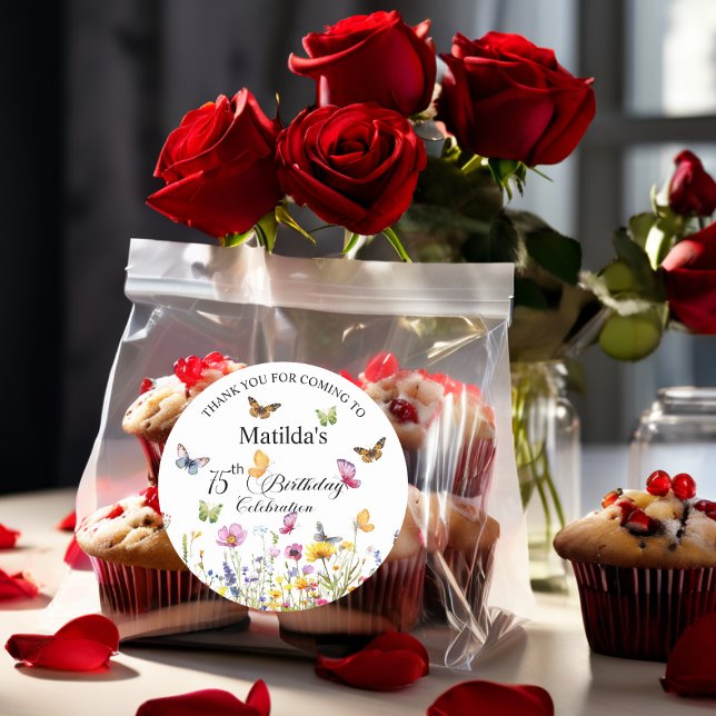 Sticker Rond Papillons et Fleur sauvage Élégant 75e anniversair (Créateur téléchargé)