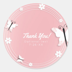 Sticker Rond Papillons et fleurs roses et blancs - Faveur perso