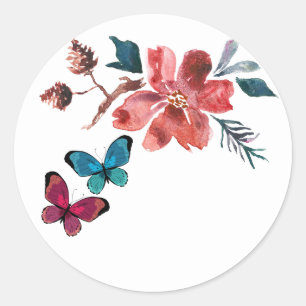 Sticker Rond Papillons et fleurs rouges et turquoise