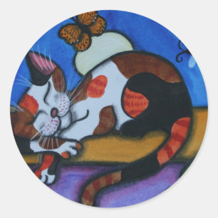 Sticker Rond Papillons et libellules de chat qui dorment