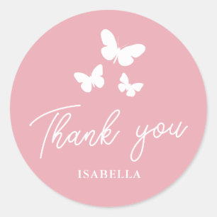 Sticker Rond Papillons Fête de Fiançailles Rose Merci