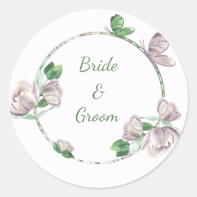 Sticker Rond papillons feuille vert fleurs violettes mariage (Devant)