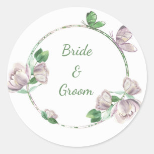 Sticker Rond papillons feuille vert fleurs violettes mariage