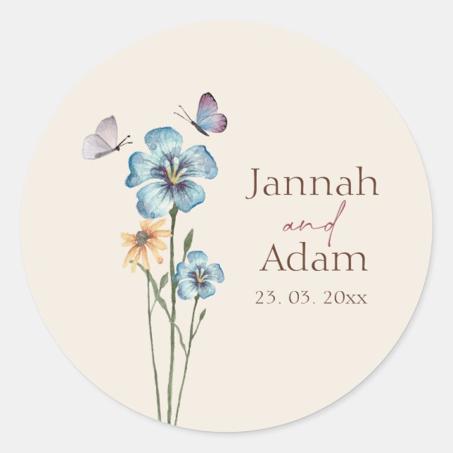 Sticker Rond Papillons Fleur sauvage bleu simple Mariage floral (Devant)