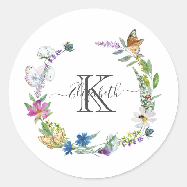 Sticker Rond Papillons fleurs de calligraphie avec monogramme (Devant)