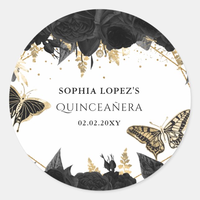 Sticker Rond Papillons floraux d'or noir Quinceanera (Devant)