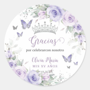 Sticker Rond Papillons floraux pourpres de lavande Quinceañera
