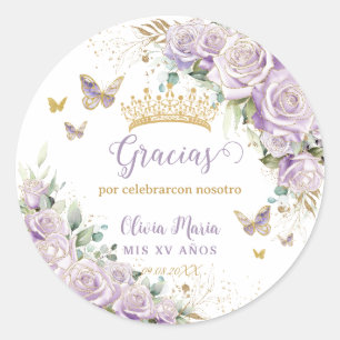 Sticker Rond Papillons floraux pourpres Lilac Quinceañera 15 16