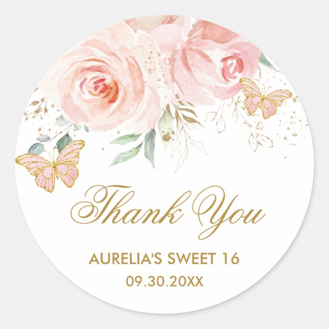 Sticker Rond Papillons floraux rose pâle Quinceanera Sweet 16 (Devant)