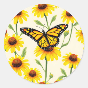 Sticker Rond Papillons Monarques Motif Jaunes Marguerites