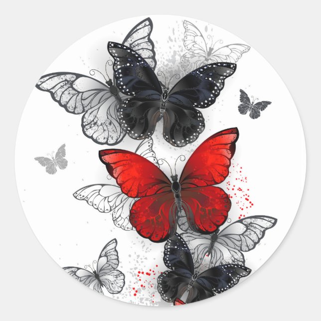 Sticker Rond Papillons noirs et rouges volants (Devant)