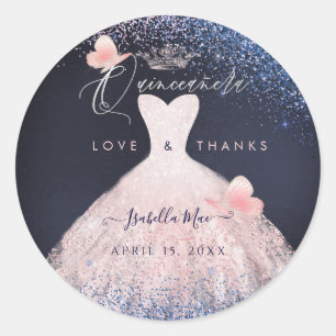 Sticker Rond Papillons Quinceanera Blush Parties scintillant Go