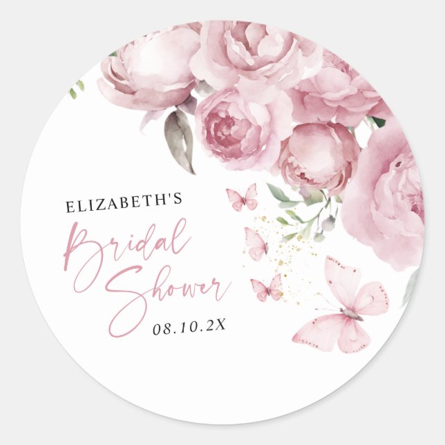 Sticker Rond Papillons Rose Floral Fête de Mariage (Devant)