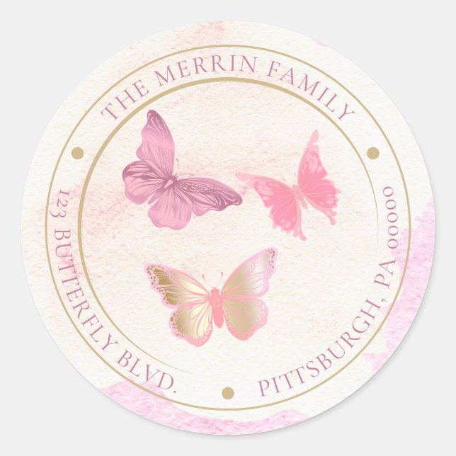 Sticker Rond Papillons roses cercle adresse d'expédition (Devant)