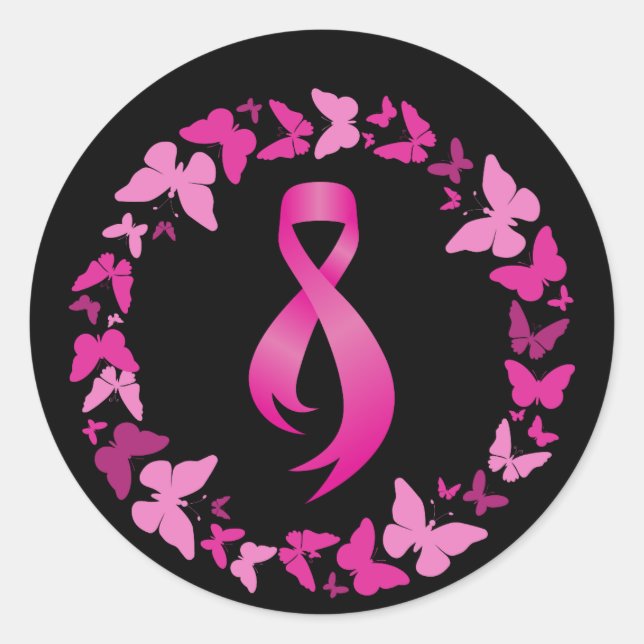 Sticker Rond Papillons roses couronne - Cancer du sein (Devant)