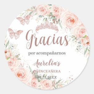 Sticker Rond Papillons Roses d'or Quinceañera Blush Floral