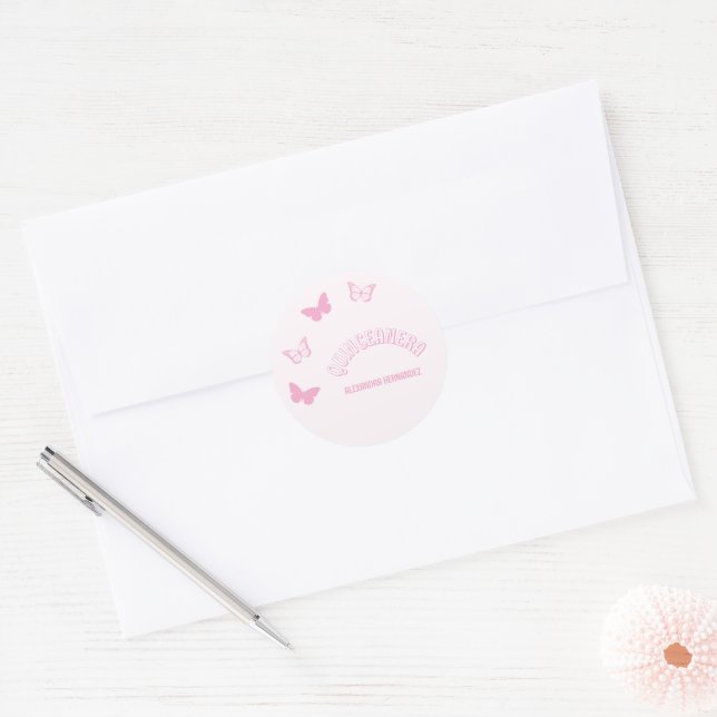 Sticker Rond Papillons roses Quinceanera (Enveloppe)