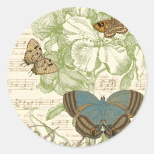 Sticker Rond Papillons sur Partition avec Design Floral